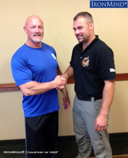 francis brebner simeon bruegger IHGF president Francis Brebner (left) congratulates Simeon Brügger (right), the IHGF Lightweight representative for Switzerland. IronMind® | Courtesy of IHGF