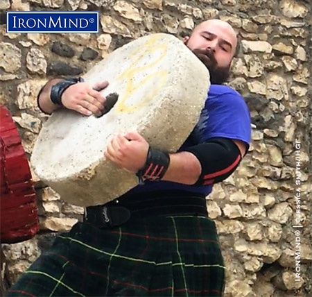 Nick Romero (USA) on the Millstone Carry at the 2017 IHGF Hungarian Stones of Strength Challenge. Romero was third overall, one point behind the winner and getting edged out of second place on countback. IronMind® | ©Jessica Smith/IHGF