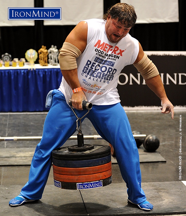 Alexey Tyukalov Rolling Thunder 130.5 kg IronMind News by Randall J. Strossen: Alexey Tyukalov (Russia) hit 130.5 kg on the Rolling Thunder at the 2013 IronMind Record Breakers, holding off a hard-charging Mike Burke for the event win and the absolute world record. IronMind® | ©Randall J. Strossen photo