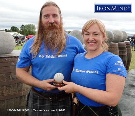 Charlie Blair Oliphant Emmajane Smith IHGFScottish representative Charlie Blair Oliphant (left) and women’s winner Emmajane Smith (right) at the IHGF Stones of Strength Championships. IronMind® | Courtesy of IHGF