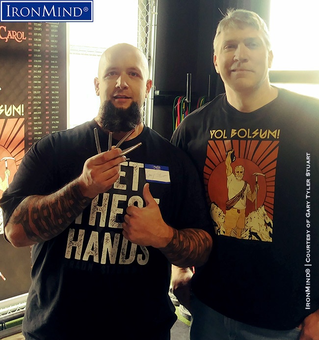 Gary Tyler Stuart bent all three Red Nails in the allotted minute, making the decision easy for referee Nathaniel Brous. IronMind® | Photo courtesy of Gary Tyler Stuart