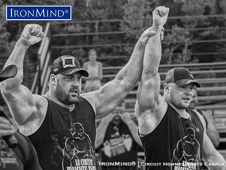 JEAN FRANCOIS CARON ET JIMMY PAQUET DYNAMIC DUO copy Jean-François Caron (left), who won his eighth consecutive Canada’s Strongest Man title this weekend, shown with Jimmy Paquet, the other half of what Paul Ohl calls, “The Canadian Dynamic Duo.” IronMind® | Courtesy Circuit Hommes Forts Canada