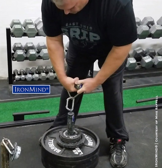 Getting ready to launch the Rolling Thunder, Jason Dingey proved his has superior grip strength as he certified on the Crushed-To-Dust® Challenge. Jason is 45 years old and is a formidable 6’ 3” tall, with a body weight of 330 lb. IronMind® | Image courtesy of Mike SaffellIronMind® | Image courtesy of Mike Saffell