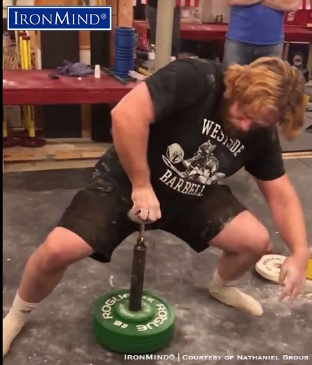 john mccarter ironmind hub 43.8 kg John McCarter sets up before launching 43.8 kg for a new world record on the IronMind Hub at Nate Brous’s 4ForFeb grip contest on February 26, 2018. IronMind® | Photo courtesy of Nate Brous