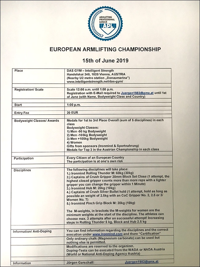 2019 APL European Armlifting Championships Das Gym - Intelligent Strength will host the 2019 APL European Armlifting Championships in Vienna, Austria on June 15, featuring such grip strength world classics as the IronMind Rolling Thunder and Captains of Crush grippers. IronMind® | Courtesy of Juergen Garschall