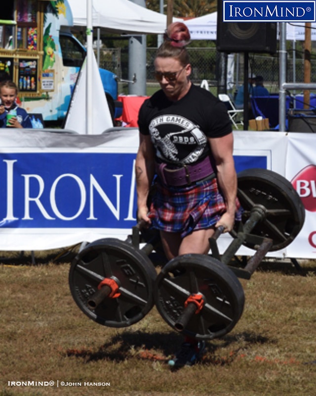 Liefia Ingalls on her way to winning the farmer’s walk as well as the overall title in the Women’s IHGF All-American Strength Games. IronMind® | John Hanson photo