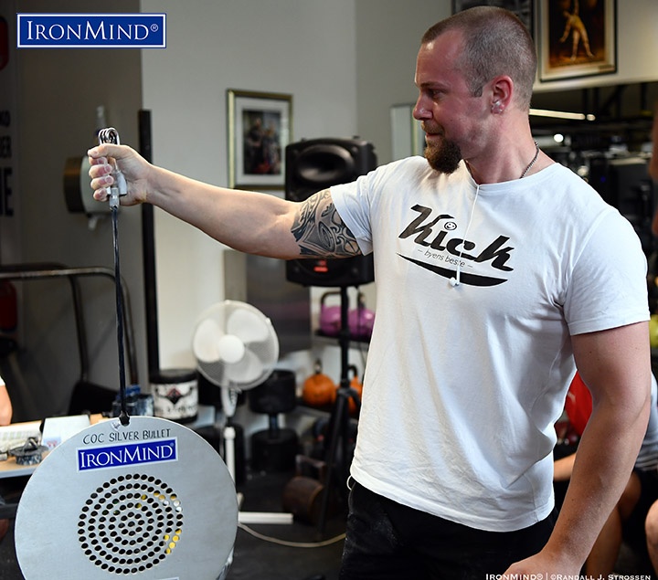 Thomas Larsen CoC Silver Bullet Hold copy Shown competing on the Captains of Crush (CoC) Silver Bullet Hold, grip strength standout Thomas Larsen (Norway) was the overall winner at the 2019 APL European Armlifting Championships. IronMind® | ©Randall J. Strossen