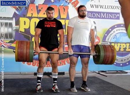 Yaroslav Apalkov Mykola Prezhyn IronMind Apollons Axle 350 kg Mykola Prezhyn (left) and Yaroslav Apalkov (right) pulled 350 kg on the Apollon’s Axle for a new Ukrainian men’s record. IronMind® | Courtesy of Vitaliy Pulin