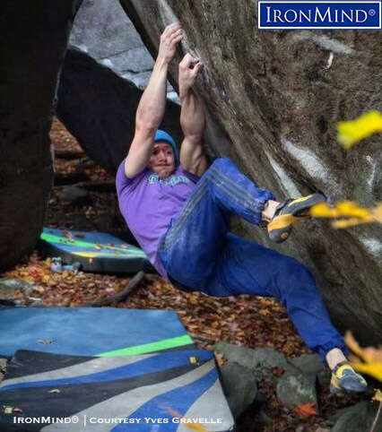 Yves Gravelle, a top Canadian boulder specialist, is making waves in the grip strength world as he has begun competing in that sport as well. Gravelle has just been certified on the Crushed-To-Dust Challenge, a test of superior all-around grip strength. Gravelle is 34 years old, 168 cm tall and weighs 67 kg. IronMind® | Courtesy of Yves Gravelle