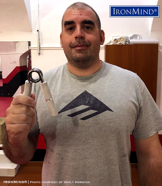 Just certified on the Captains of Crush No. 3 gripper, Zolt Hornyak is 41 years old, 190 cm tall and weighs 110 kg. He started “serious training on grippers after in, 2016. Before that that I was mainly doing steel bending,” he told IronMind. IronMind® | Photo courtesy of Zolt Hornyak