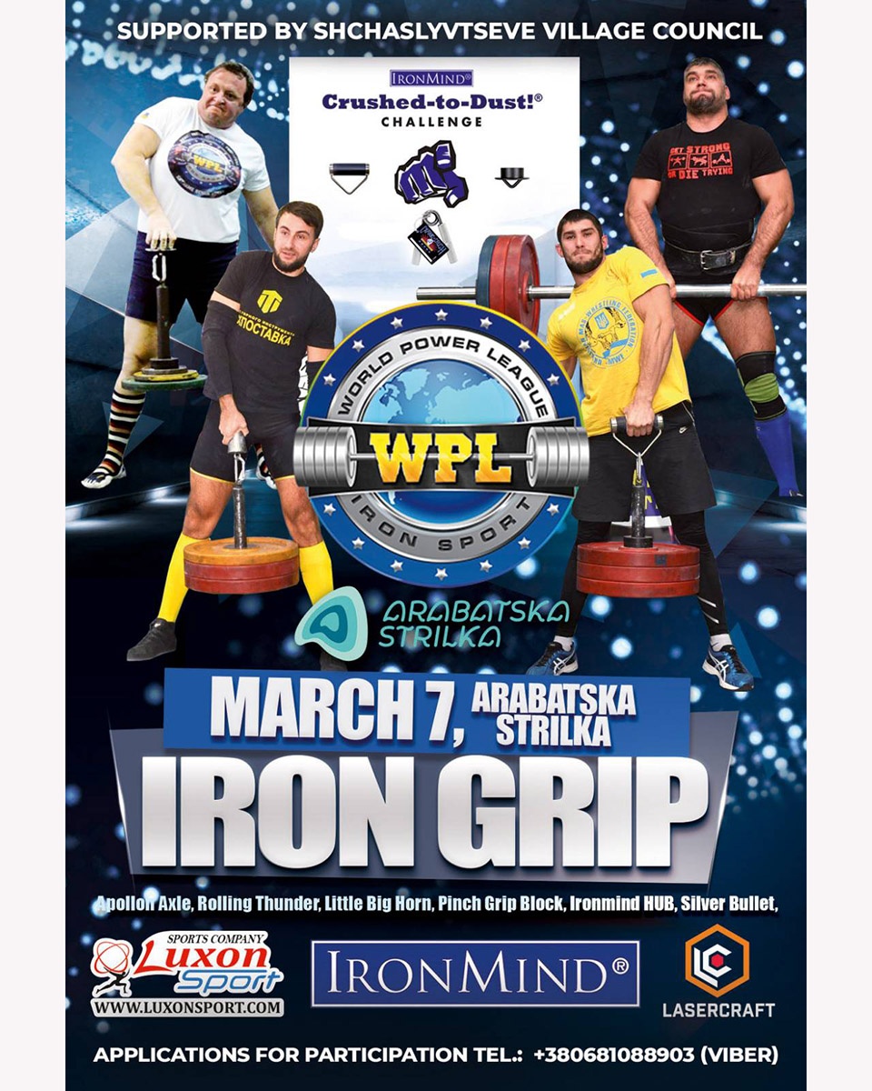 Iron Grip Armlifting Ukraine 030720 Kicking off his 2020 armlifting season, grip contest organizer Vitaliy Pulin has contests scheduled for March 7 and March 21 in Melitopol, Ukraine. Both contests feature the core events of Rolling Thunder, Apollon’s Axle, CoC Silver Bullet Hold, along with the IronMind Hub, Block and Little Big Horn, and given history, keep you eye open for potential world record performances.