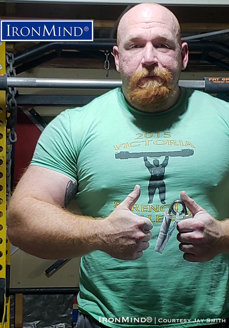 Jay Smith-IronMind Captains of Crush No. 3 gripper certificaiton Jay Smith, who works as “a correctional peace office (‘prison guard’) in Northern Alberta, Canada,” has certified on the Captains of Crush No. 3 gripper with a dominating official performance. Smith—who is 34 years old, stands 6 feet tall and weighs 300 pounds—wants to be the first Canadian to certify on the Captains of Crush No. 3.5 gripper, and has the long term goal of certifying on the CoC No. 4 gripper. IronMind® | Courtesy of Jay Smith