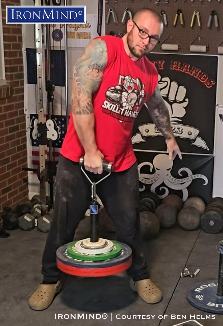 6’2”, 230 lb. Ben Helms lifting 90 kg on the Rolling Thunder, en route to getting certified on the Crushed-To-Dust Challenge. Ben has been training grip strength for 15 months, and has some very impressive performances to his credit. IronMind® | Courtesy of Ben Helms