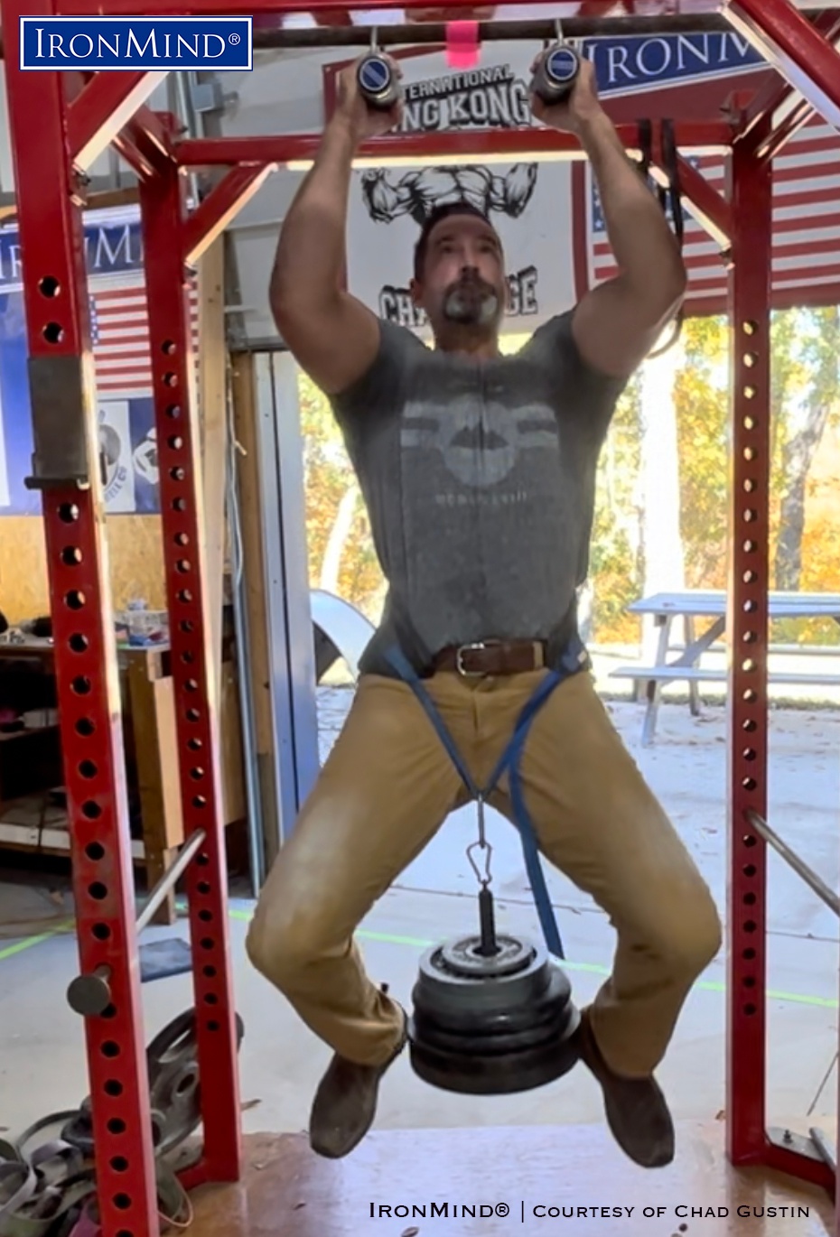 Emergency room physician Chad Gustin broke Rolling Thunder world record for a maximum weight pull-up at the King Kong grip contest in Kansas. Total weight was 175.18 kg, and for an encore, Dr. Gustin sailed through the Crushed-To-Dust! Challenge. Dr. Gustin is 44 years old, 6’5” tall, and weighs 260 lb. IronMind® | Courtesy of Chad Gustin