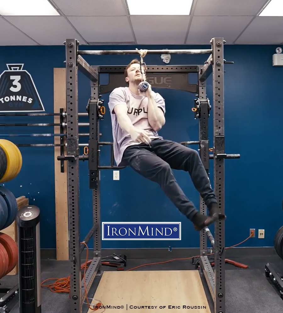 Yves Gravelle (Canada) demolished the world record for one of the most spectacular events in the grip strength world by knocking out three reps in the 1-arm pull-up on the Rolling Thunder. Gravelle, a rock climber who has done V15 boulder problems, is 5’ 6” tall and weighs 145 lb. IronMind® | Image courtesy of Eric Roussin