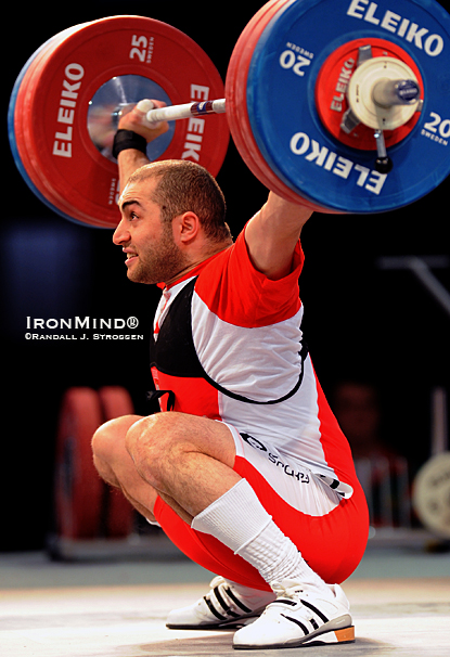 Arsen Kasabijew got off to a rough start, missing 171 kg on his first snatch, but then came back to make this lift on his second attempt, and then he went on to win the gold medals in the clean and jerk, and the total.  IronMind&reg; | Randall J. Strossen photo.