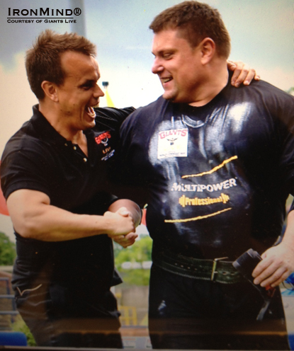 Colin Bryce (left) of Giants Live and World’s Strongest Man fame congratulates Zydrunas Savickas on his victory at the 2012 Europe’s Srongest Man contest today.  IronMind® | Photo courtesy of Giants Live.