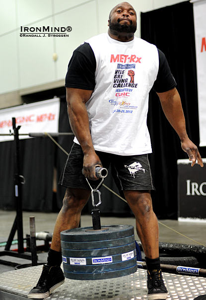 Mark Felix, current world record holder on the Rolling Thunder, is scheduled to face off with Steve Gardener at the Bodypower Expo in two weeks.  Felix pulled this 123-kg on the Rolling Thunder at the LA FitExpo earlier this year.  IronMind® | Randall J. Strossen photo.