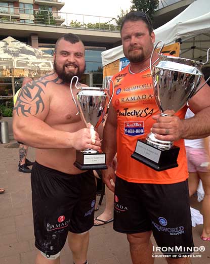 Ed Hall (left) and Mike Burke (right) are headed to the 2013 World’s Strongest Man Contest after qualifying at Giants Live-Budapest.  IronMind® | Photo courtesy of Giants Live.