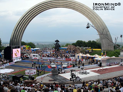 Look at this dramatic setting for the Giant Live–Kiev World’s Strongest Man qualifier.  IronMind® | Courtesy of Colin Bryce.