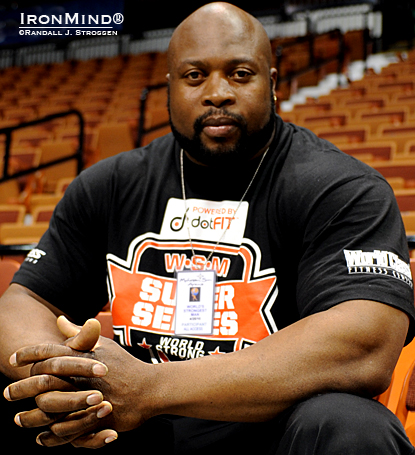 Where horsepower and hand power meet: top strongman Mark Felix is also the world record holder in a benchmark test of grip strength: the Rolling Thunder®.  Felix is one of the marquee names who will be competing at the FitExpo in Los Angeles this weekend.  IronMind® | Randall J. Strossen photo.