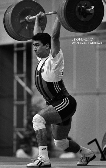 Shahin Nasirinia hit this 215 kg clean and jerk to wrest the 85-kg title from Pyrros Dimas at the 1999 World Weightlifting Championships (Athens). We later called it, "The upset of the contest." IronMind® | Randall J. Strossen, Ph.D. photo.