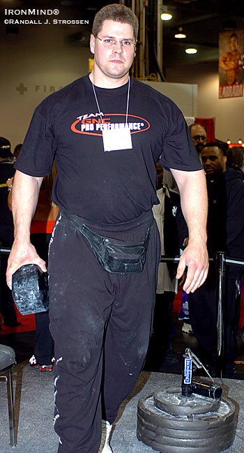 Wade Gillingham takes the Blob for a walk - the ease with which Wade does this belies the difficulty of this grip-strength challenge. IronMind® | Randall J. Strossen photo. Wade Gillingham takes the Blob for a walk - the ease with which Wade does this belies the difficulty of this grip-strength challenge. IronMind® | Randall J. Strossen photo.