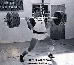 Bruce Wilhelm's PR power clean of 210 kg.  Jim Schmitz calls it "an ugly lift, but it was strong and impressive."  IronMind | Photo courtesy of Jim Schmitz
